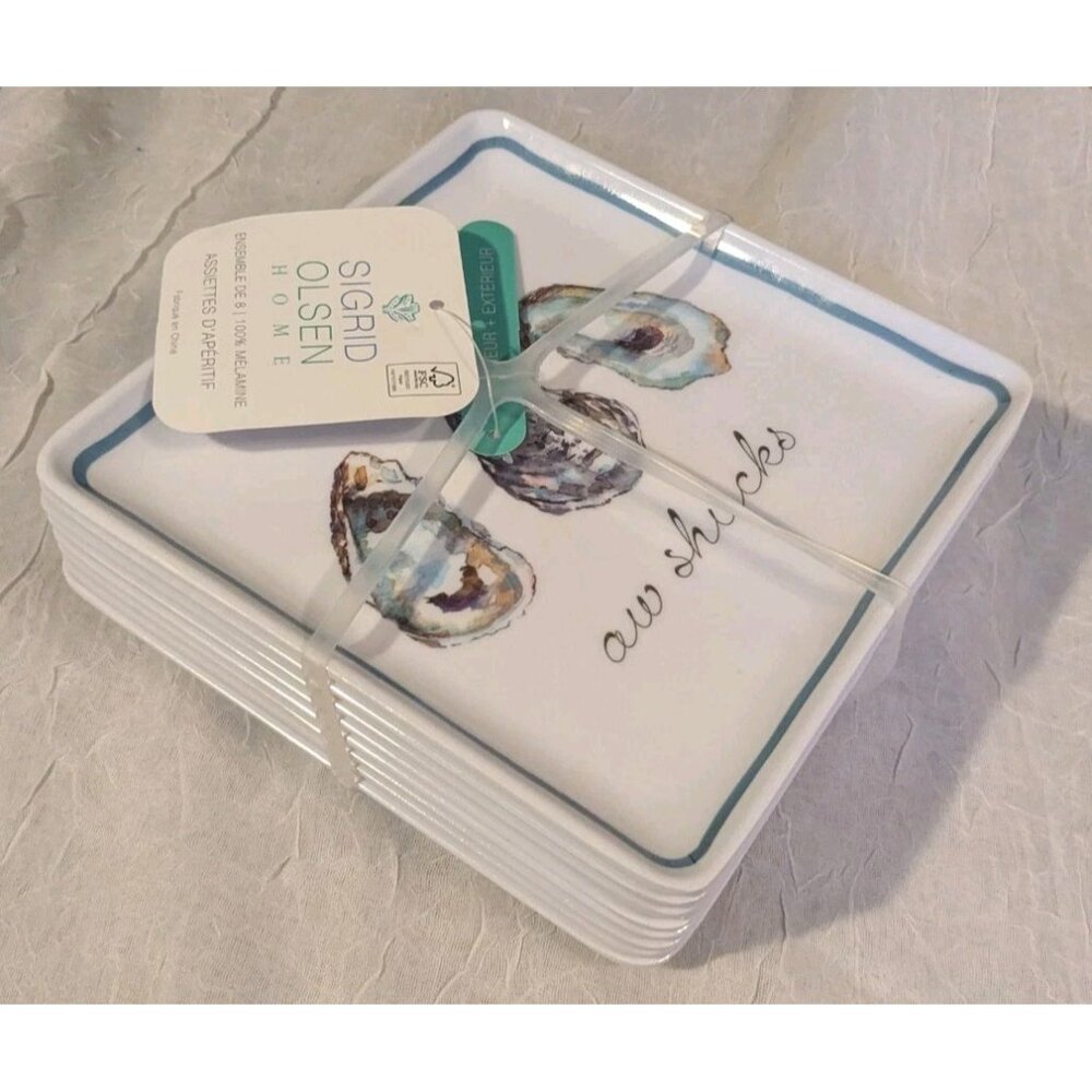NWT Sigrid Olsen 8 Plates Appetizer Oyster Square Melamine Aw Shucks Nautical 6" - Picture 3 of 11